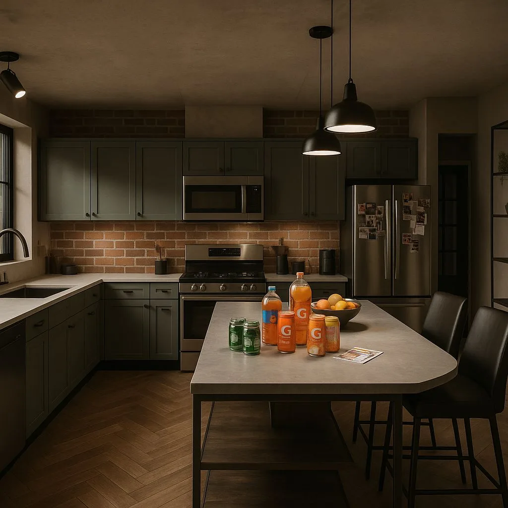 Industrial kitchen with dark grey cabinets, brick backsplash, stainless steel appliances, concrete countertops, herringbone wood floors, black pendants, photorealistic interior design photography, 8k
