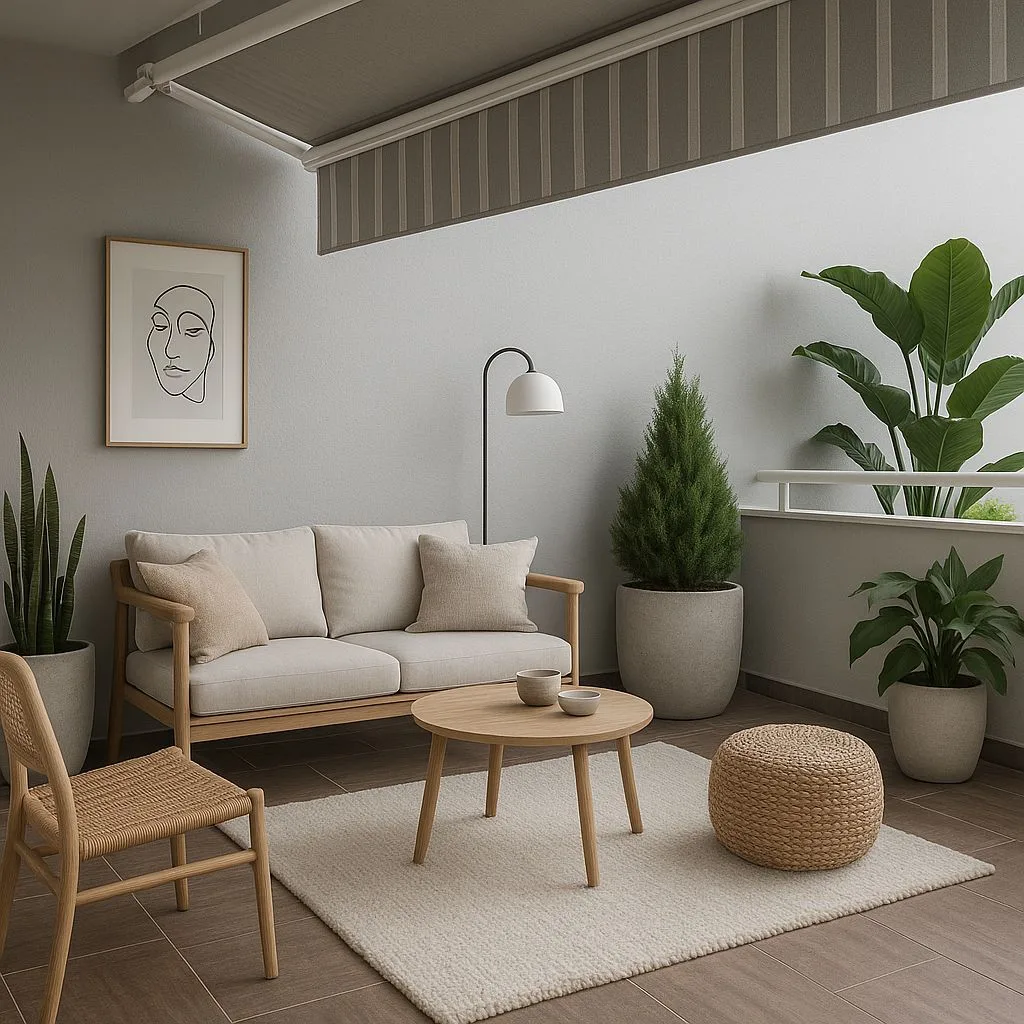 Minimalist Scandinavian patio with light wood sofa, woven chair, round wood table, jute rug, potted plants, photorealistic interior design photography, 8k