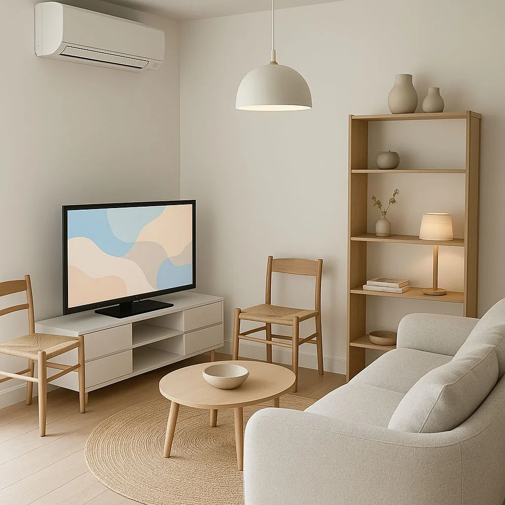 Minimalist Scandinavian living room with light oak wood furniture, woven chairs, beige sofa, round jute rug, dome pendant, photorealistic interior design photography, 8k