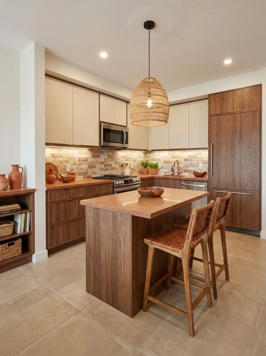 Warm contemporary kitchen with two-tone cabinets, wood island with copper countertop, woven pendant light, tan tiled floors, recessed lighting, photorealistic interior design photography, 8k