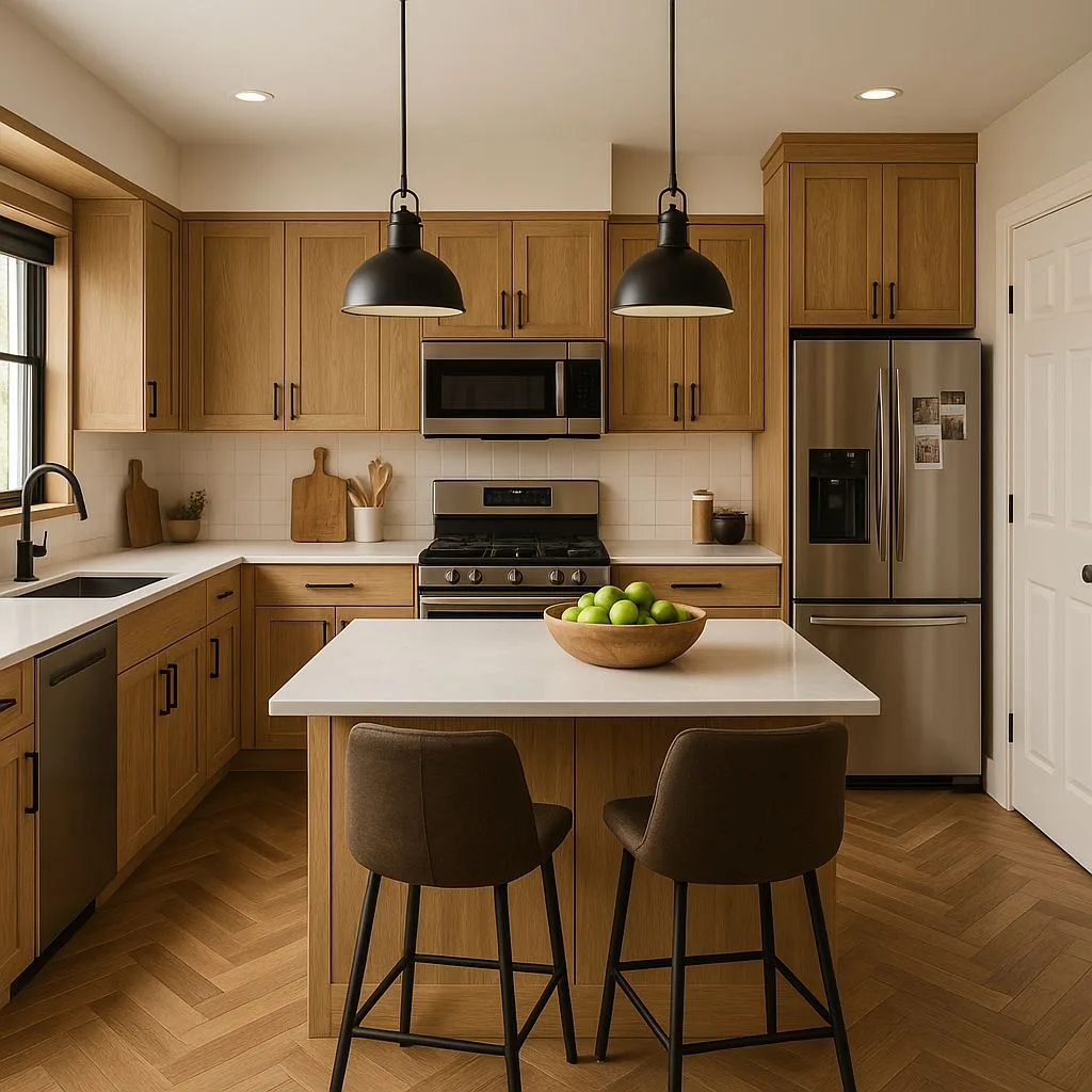 Transitional kitchen with light oak cabinets, white quartz countertops, herringbone wood floors, black pendant lights, brown upholstered stools, photorealistic interior design photography, 8k