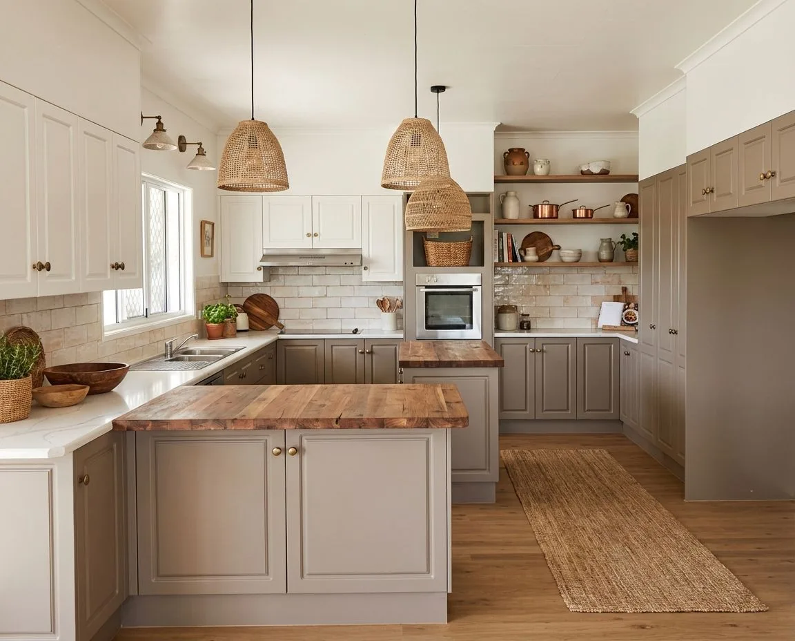 Farmhouse kitchen with two-tone grey cabinets, butcher block island, woven pendant lights, subway tile backsplash, jute runner, photorealistic interior design photography, 8k