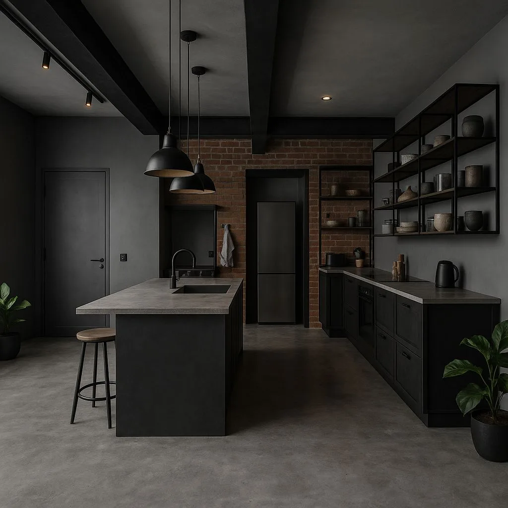 Industrial kitchen with dark gray cabinets, concrete countertops, exposed brick, black metal shelving, black pendant lights, photorealistic interior design photography, 8k