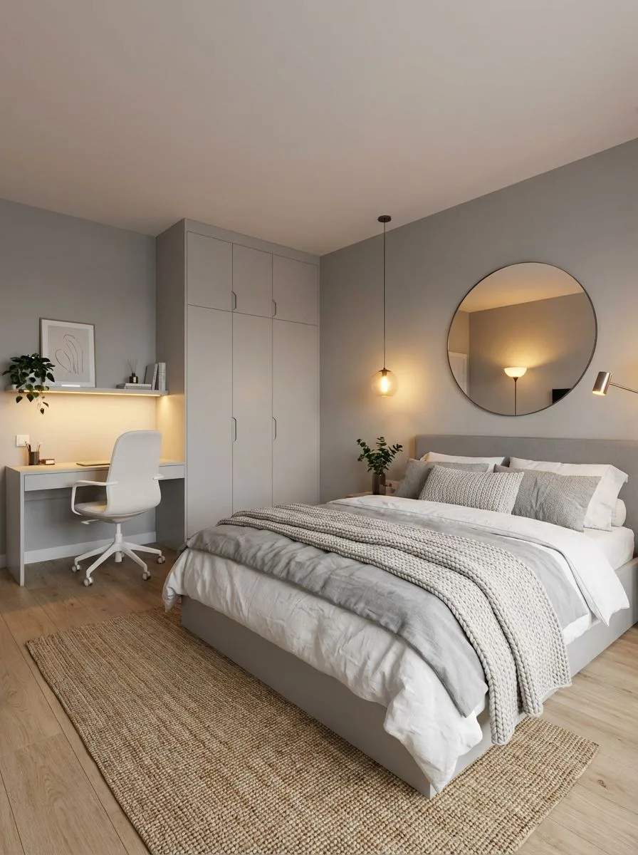 Modern minimalist bedroom with light gray walls, wood floors, built-in wardrobe, desk area, round mirror, neutral bedding, photorealistic interior design photography, 8k