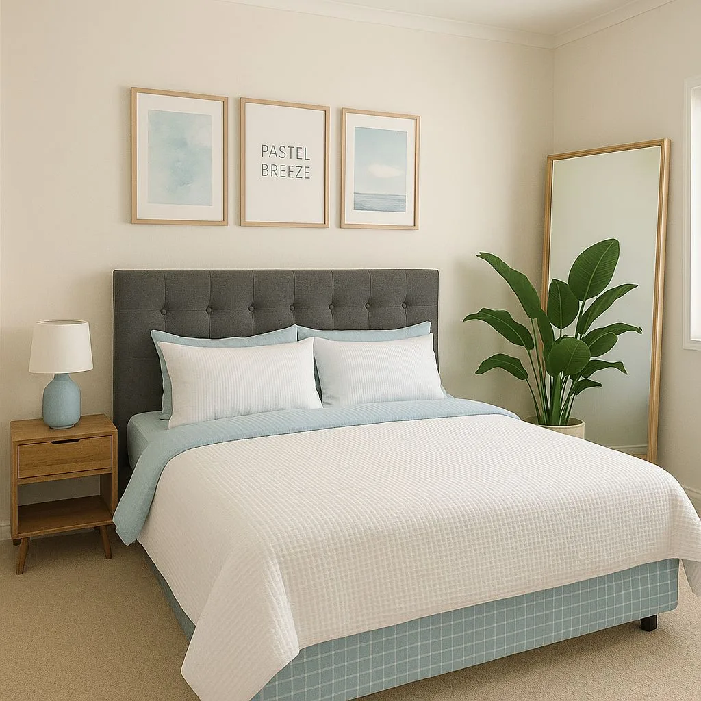 Scandinavian bedroom with gray tufted headboard, white waffle blanket, pale blue linen, wood nightstand, framed prints, photorealistic interior design photography, 8k