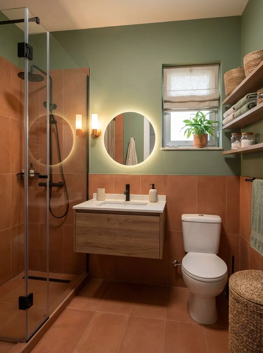 Contemporary bathroom with terracotta tile, sage green walls, floating wood vanity, round LED mirror, open wood shelves, photorealistic interior design photography, 8k
