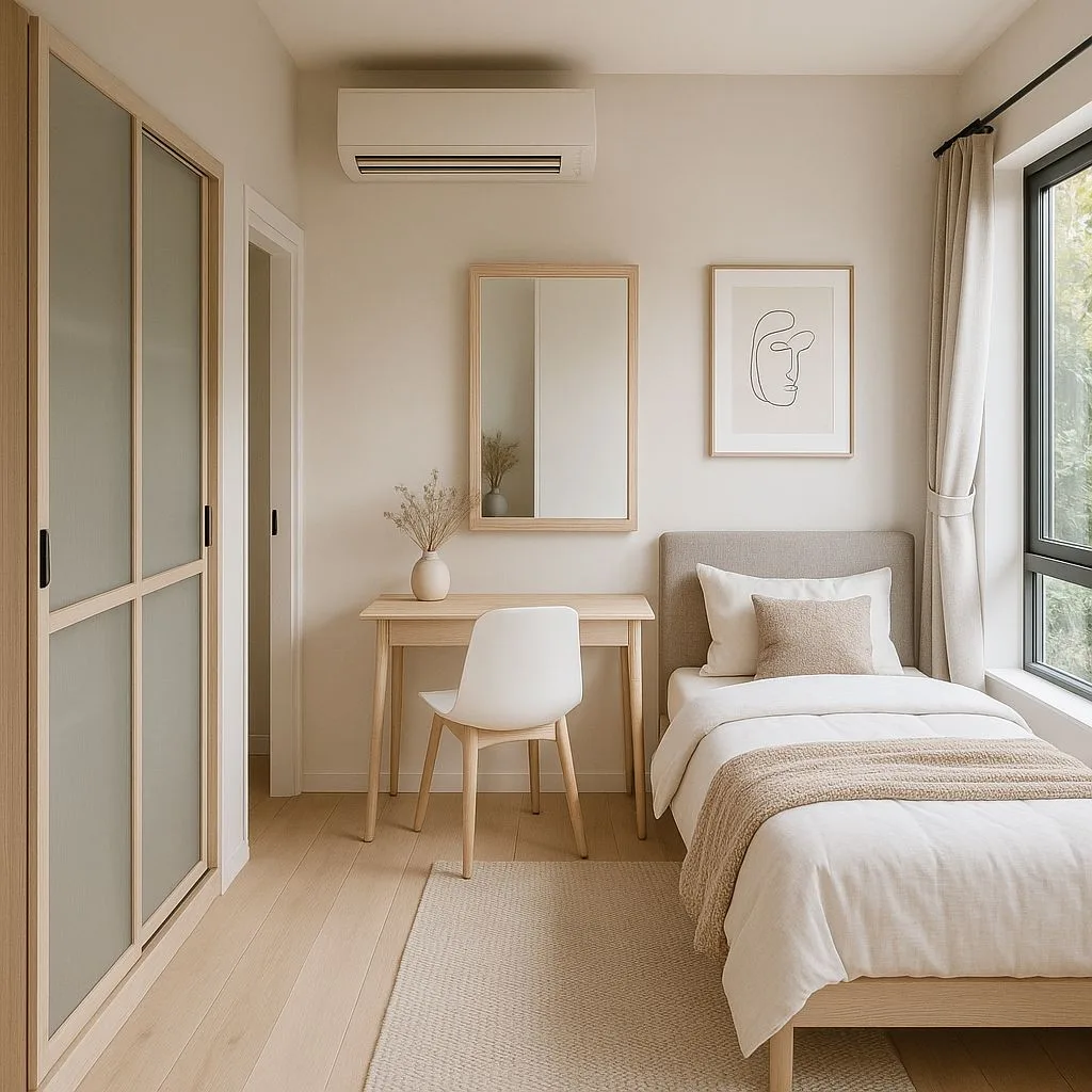 Neutral minimalist bedroom with light wood floors, oatmeal rug, single bed, small wood desk, white chair, photorealistic interior design photography, 8k