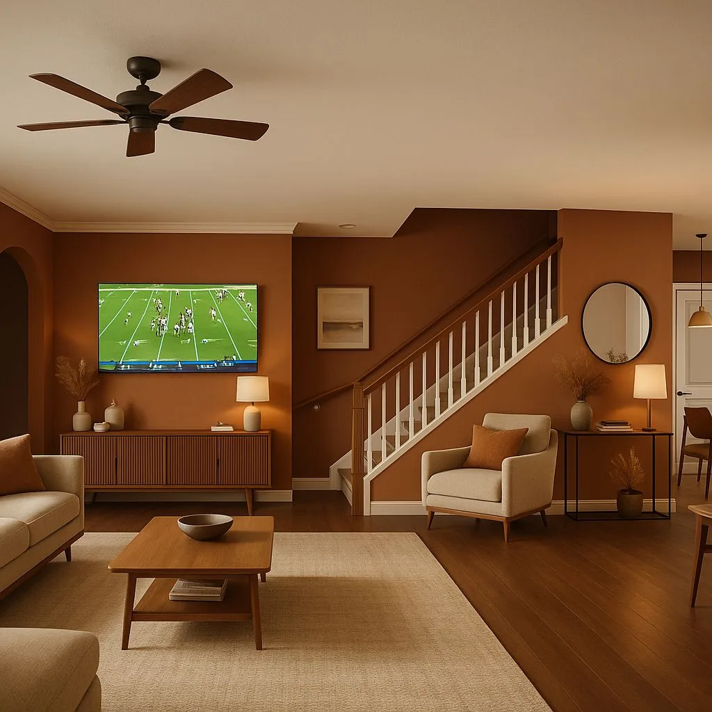 Mid-century modern living room with terracotta walls, wood floors, cream sofa, wood console, wood coffee table, photorealistic interior design photography, 8k