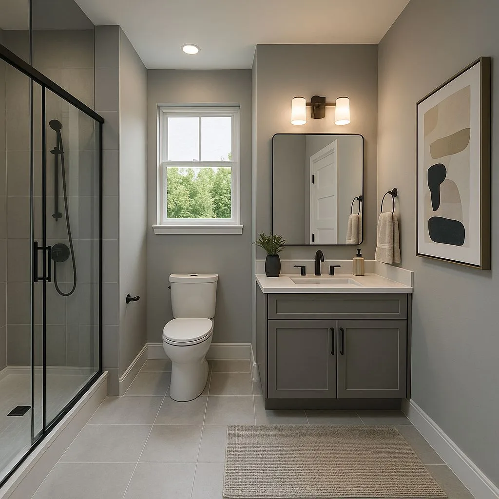 Modern warm gray bathroom with walk-in shower, gray shaker vanity, white countertop, black hardware, neutral rug, photorealistic interior design photography, 8k