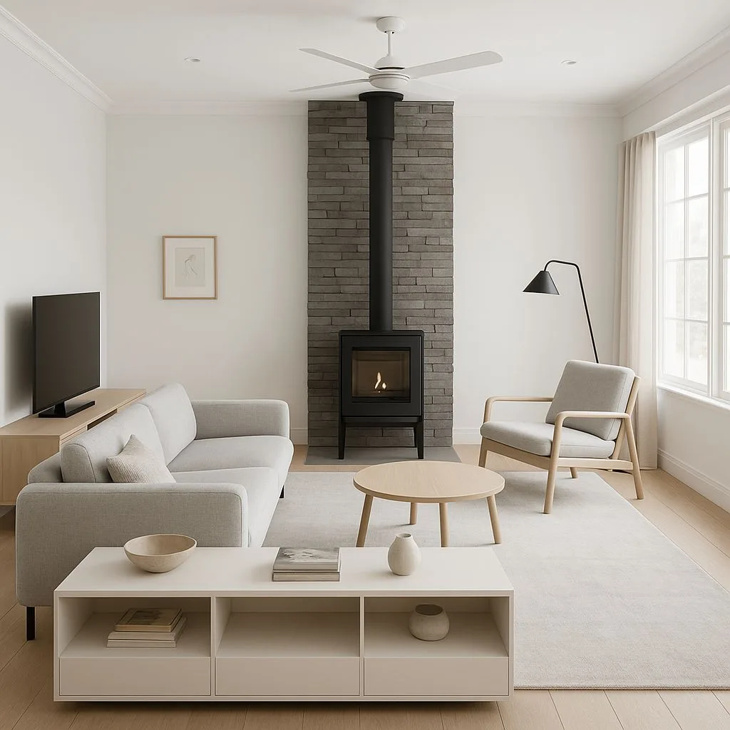 Scandinavian living room with light wood floors, grey sofa, white shelving unit, black fireplace, stone surround, photorealistic interior design photography, 8k