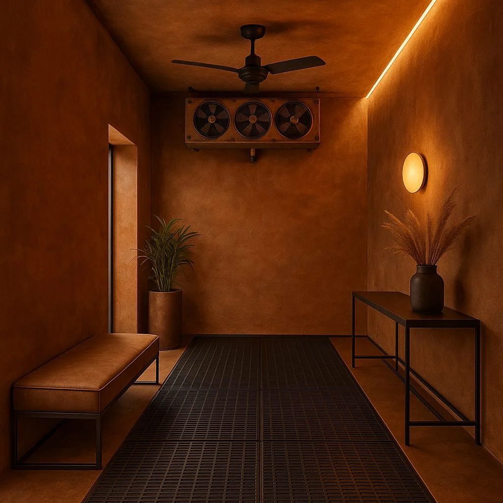Industrial hallway with terracotta stucco walls, black metal grate floor, leather bench, industrial ceiling fan, round sconce lighting, photorealistic interior design photography, 8k