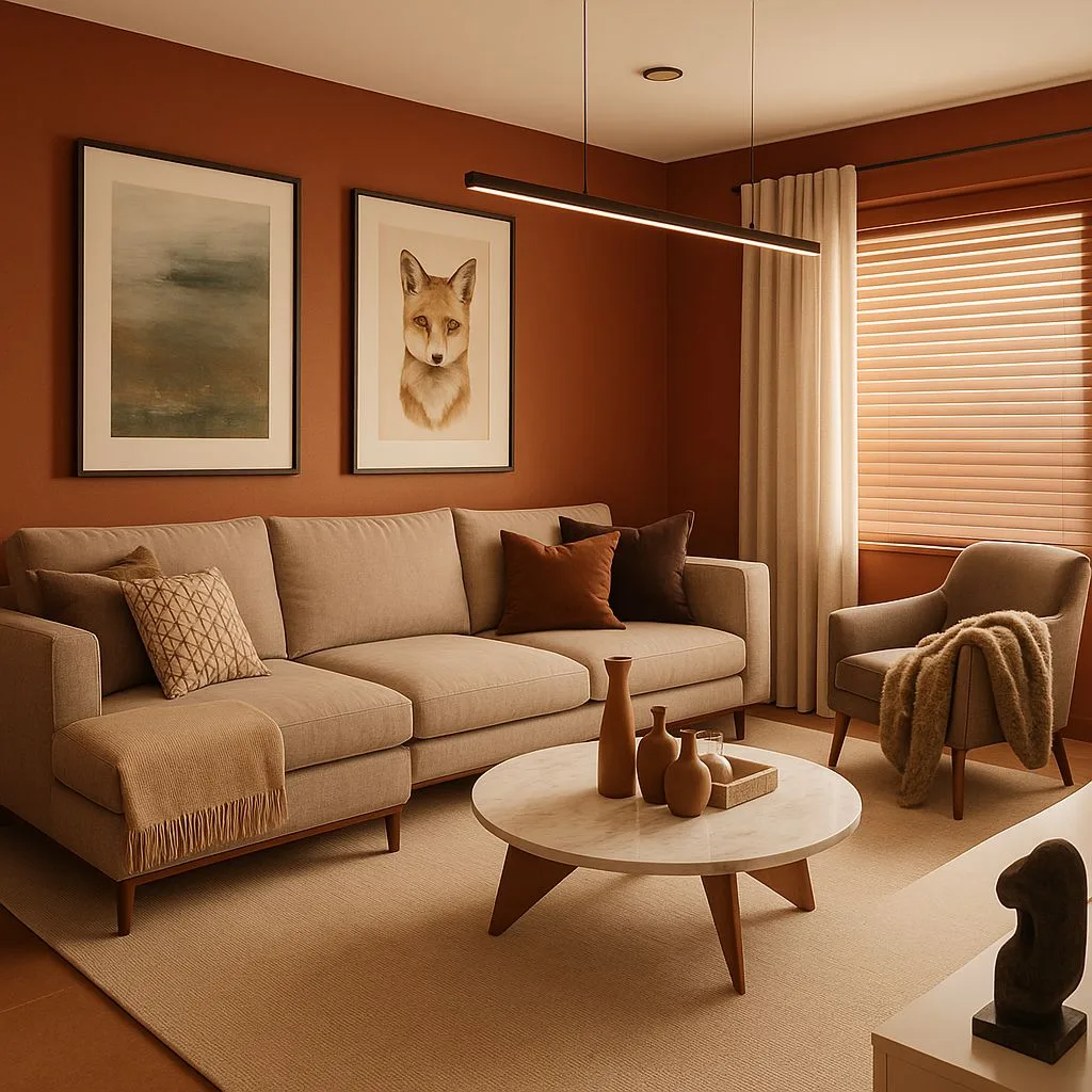 Contemporary living room with terracotta walls, beige linen sectional, round marble table, linear led pendant, tan area rug, photorealistic interior design photography, 8k