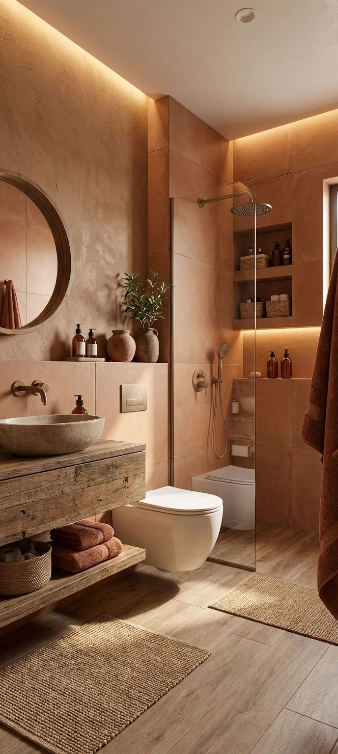 Rustic modern bathroom with terracotta tile, reclaimed wood vanity, stone vessel sink, jute rug, recessed lighting, photorealistic interior design photography, 8k