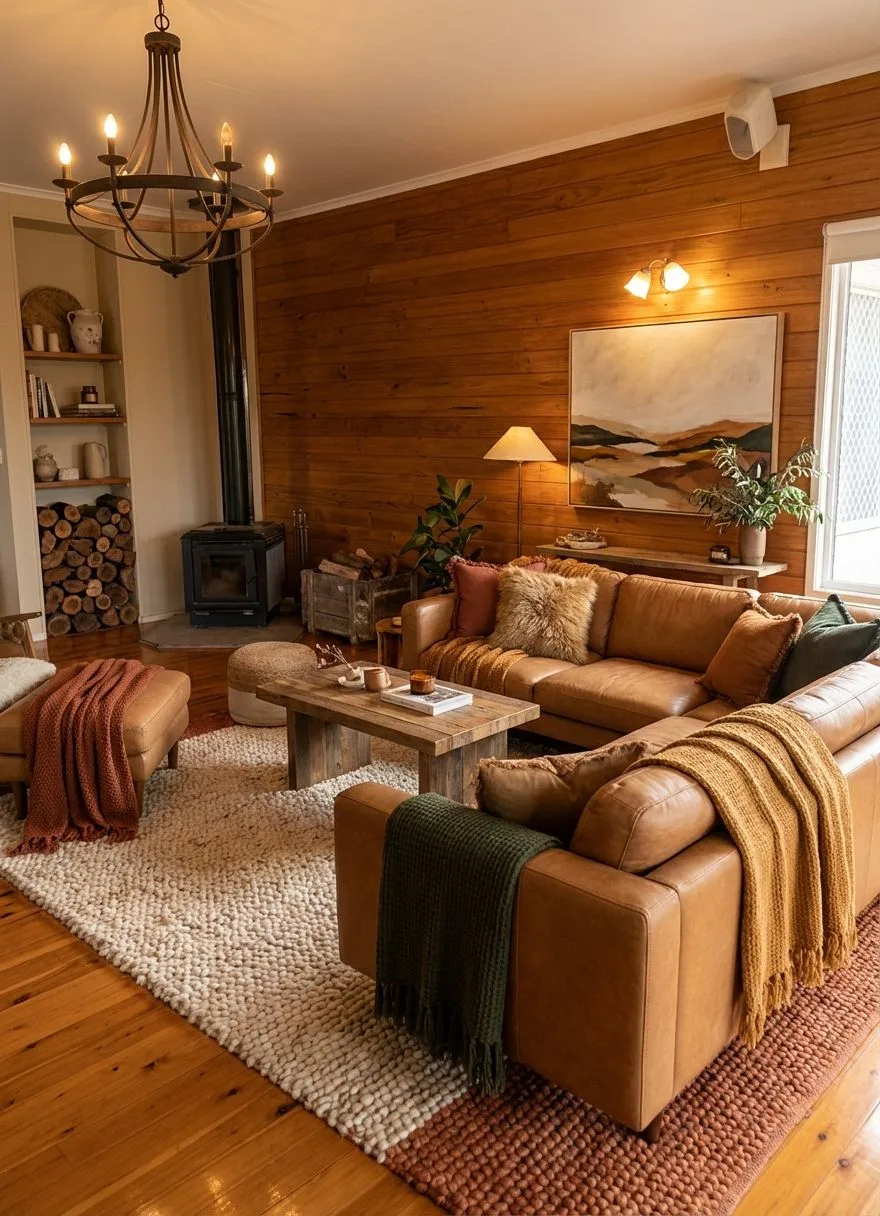 Rustic living room with wood paneled walls, tan leather sectional, chunky wool rug, black wood stove, iron chandelier, photorealistic interior design photography, 8k