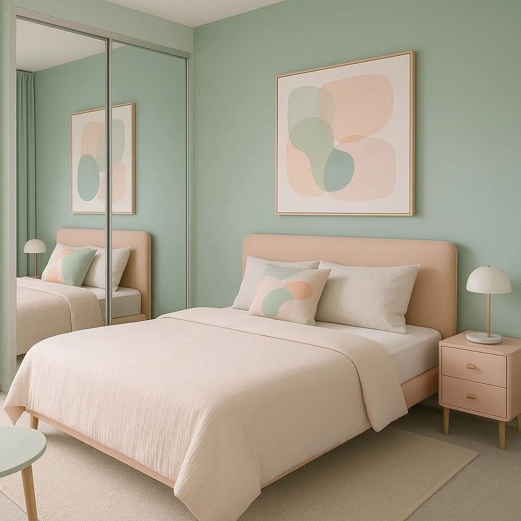 Minimalist bedroom with mint walls, blush upholstered bed, light wood nightstand, abstract art, dome table lamp, photorealistic interior design photography, 8k