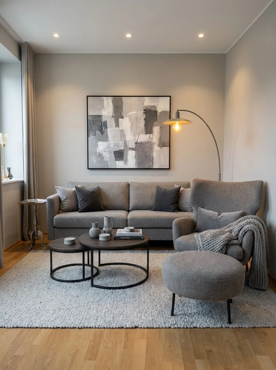 Minimalist living room with light grey walls, plush grey sofa, round nesting tables, arc floor lamp, grey armchair, photorealistic interior design photography, 8k