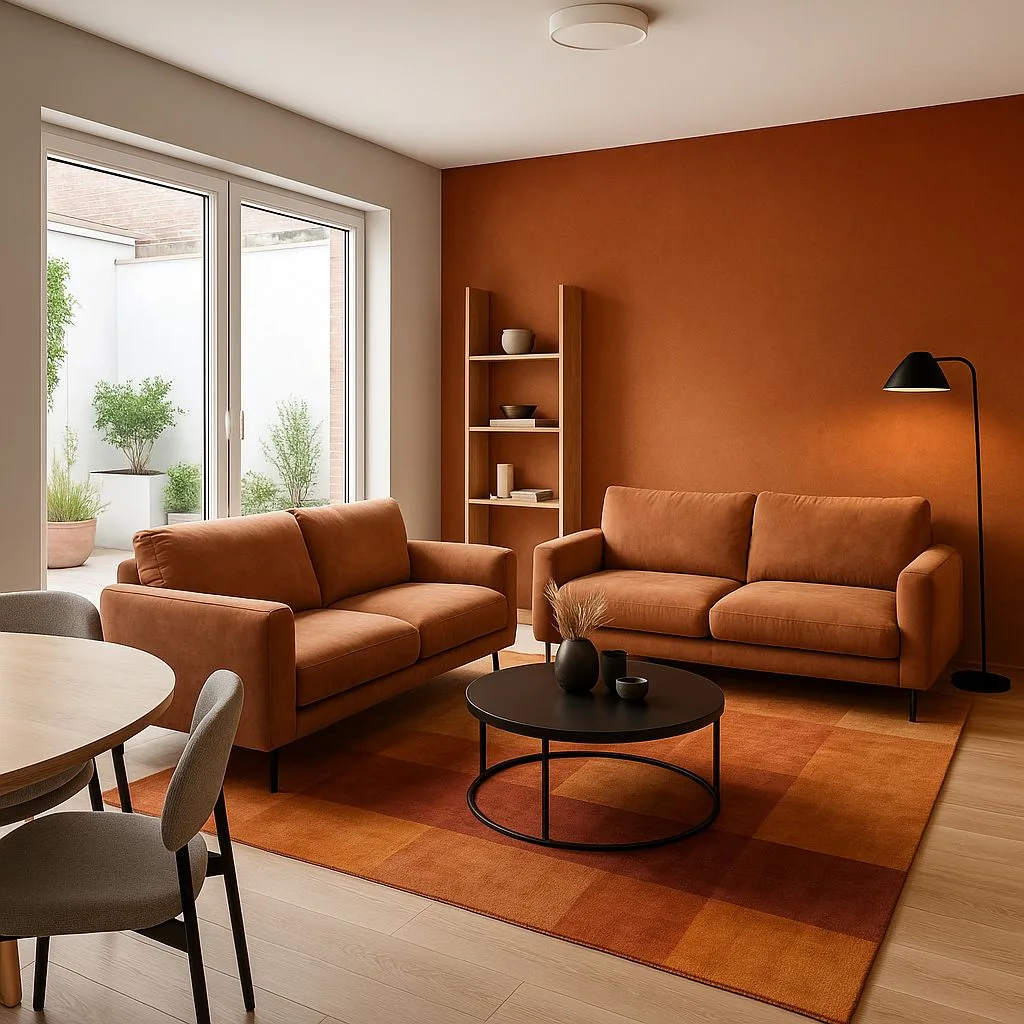 Warm modern living room with terracotta accent wall, matching sofas, black metal coffee table, light wood floors, geometric rug, photorealistic interior design photography, 8k