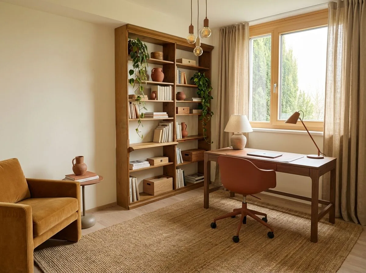 Minimalist home office with light wood desk, terracotta chair, jute rug, floor-to-ceiling bookshelf, linen curtains, photorealistic interior design photography, 8k