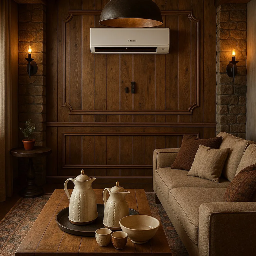 Rustic living room with dark wood paneling, stone accents, beige linen sofa, wooden coffee table, ceramic serving ware, photorealistic interior design photography, 8k