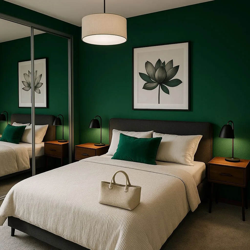 Moody emerald green bedroom with dark wood nightstands, linen bedding, black task lamps, botanical art prints, drum pendant, photorealistic interior design photography, 8k