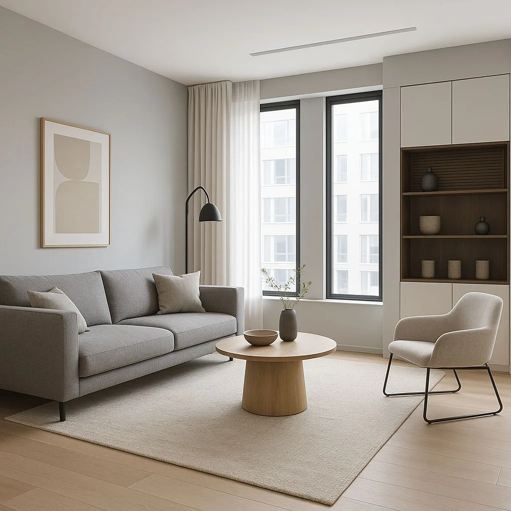 Minimalist neutral living room with grey sofa, light wood floors, round wood coffee table, built-in shelving, sheer curtains, photorealistic interior design photography, 8k