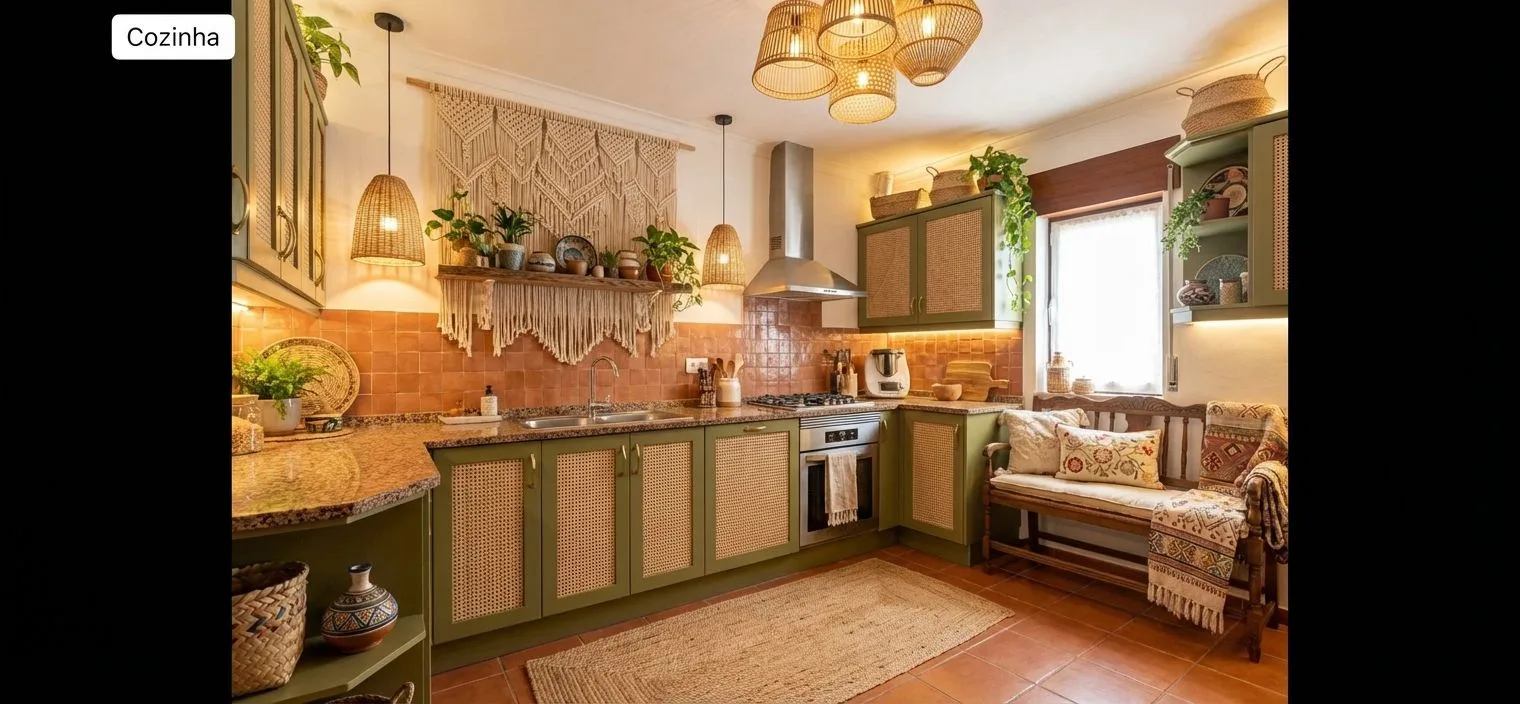 Bohemian kitchen with olive green cabinets, rattan door panels, terracotta backsplash, woven pendants, jute rug, photorealistic interior design photography, 8k