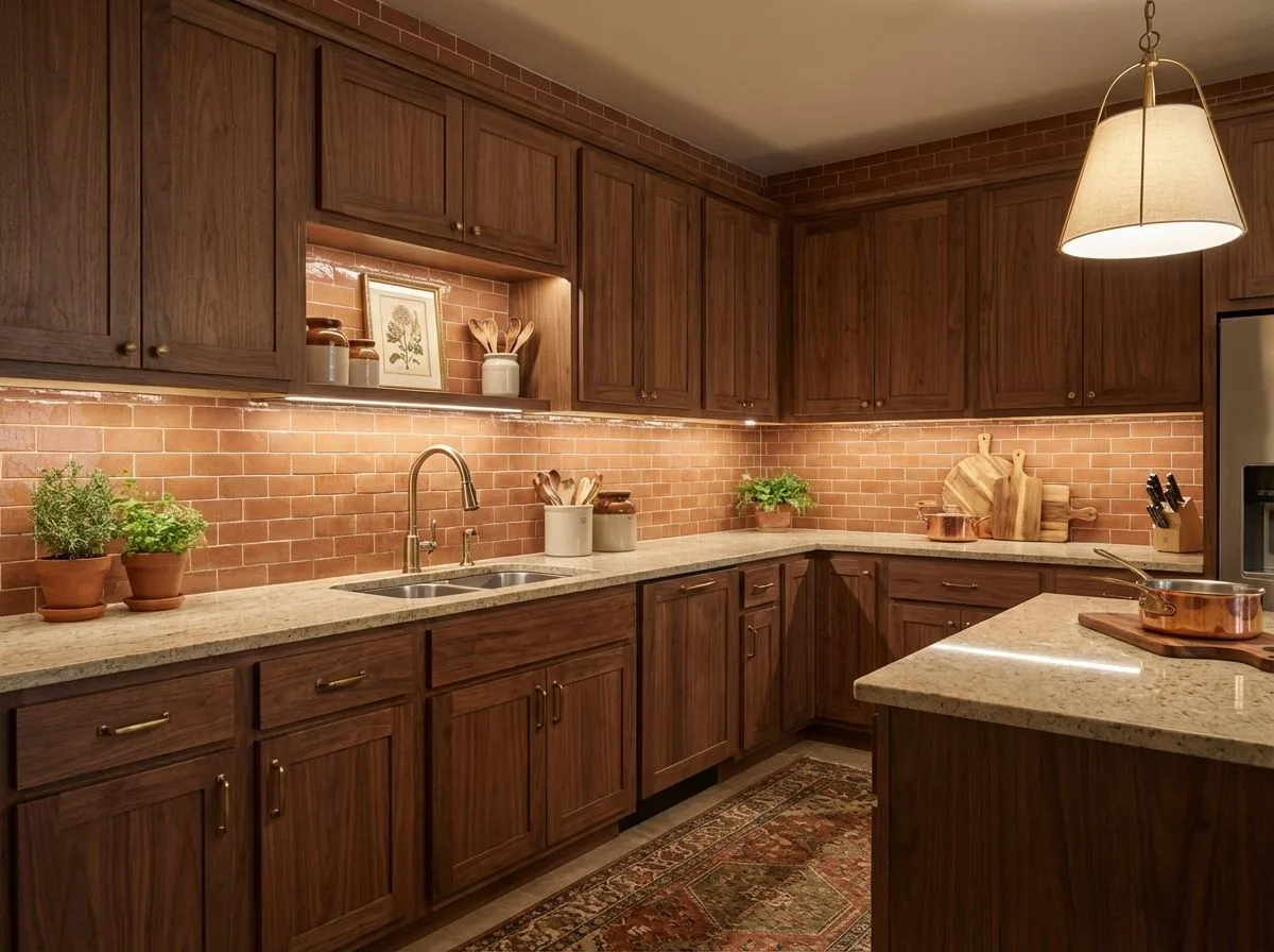 Transitional kitchen with dark wood cabinets, brick backsplash, light granite counters, brass hardware, vintage rug, photorealistic interior design photography, 8k