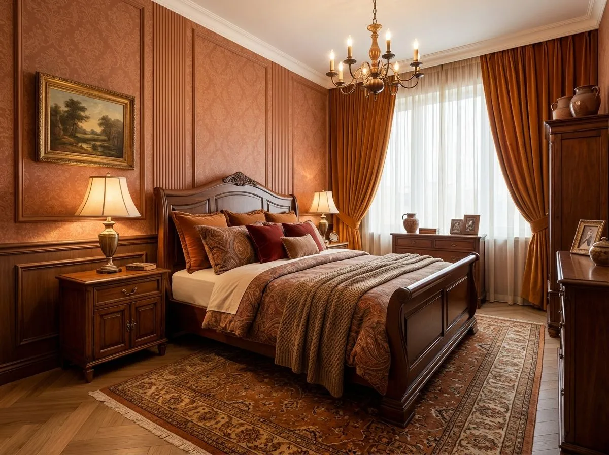 Traditional bedroom with terracotta walls, dark wood sleigh bed, paisley bedding, patterned rug, brass chandelier, photorealistic interior design photography, 8k