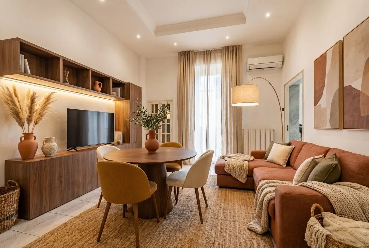 Contemporary living dining room with walnut media cabinet, round wood table, rust colored sofa, jute rug, linen curtains, photorealistic interior design photography, 8k