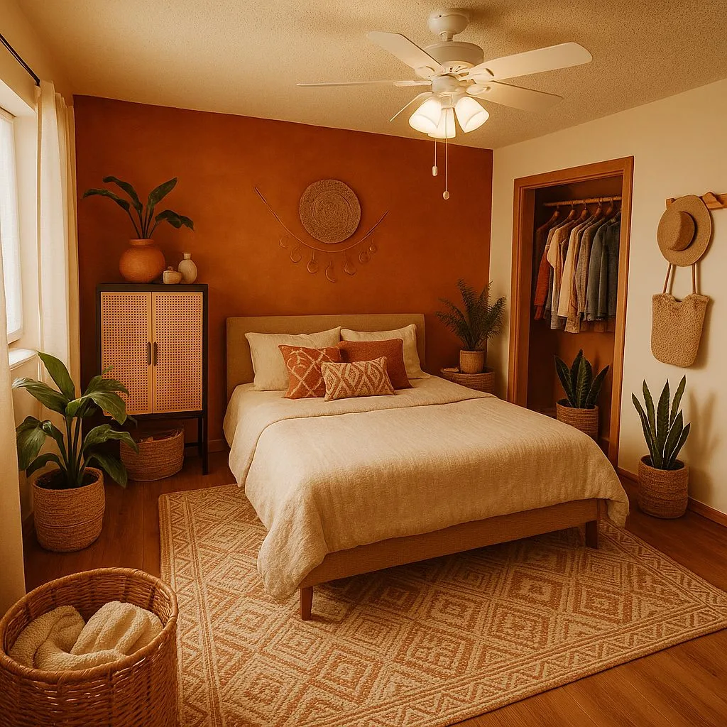 Bohemian bedroom with terracotta wall, woven rug, linen bedding, rattan cabinet, potted snake plants, photorealistic interior design photography, 8k