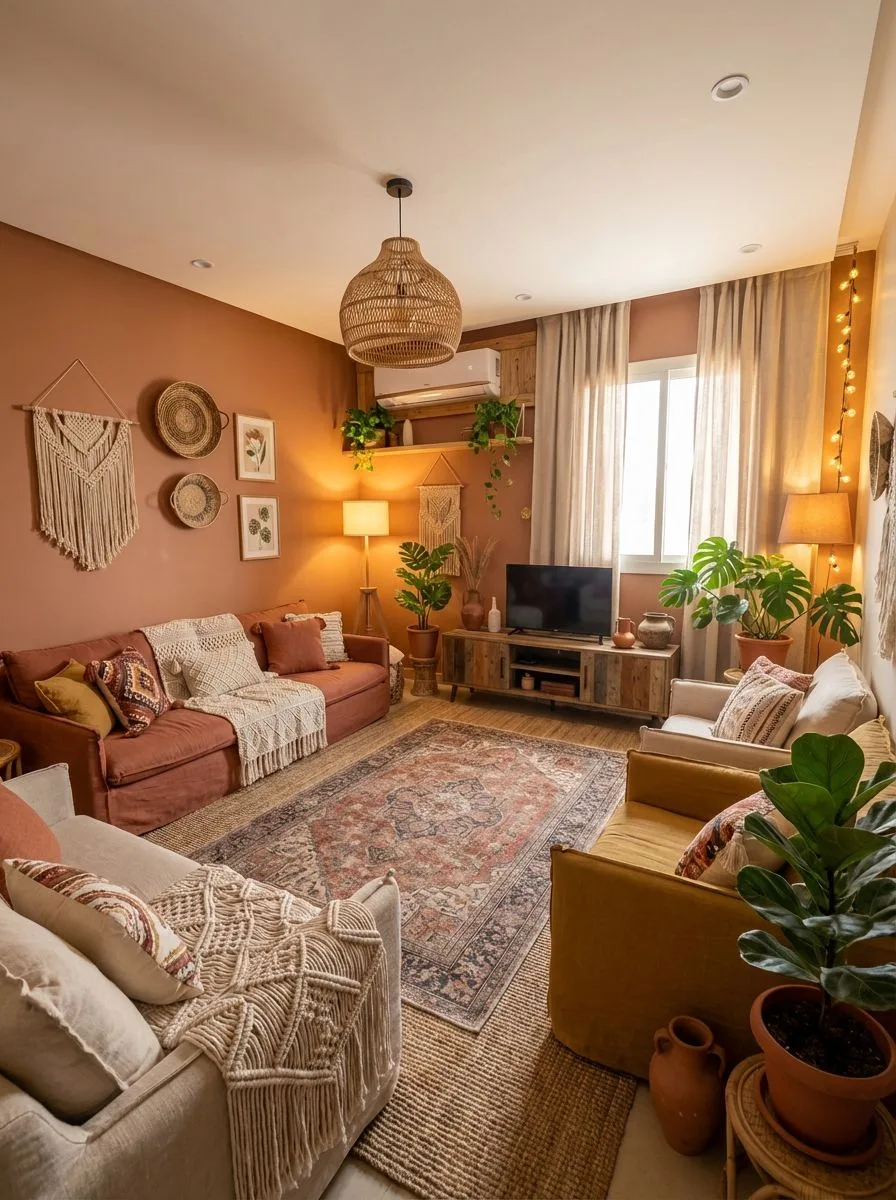 Bohemian living room with terracotta walls, multiple linen sofas, patterned rug, rattan pendant, macrame wall decor, photorealistic interior design photography, 8k