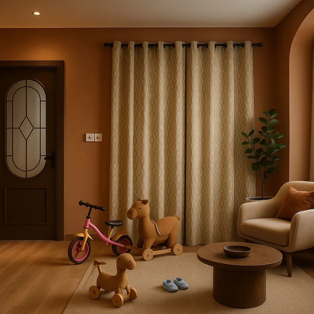 Minimalist playroom with terracotta walls, beige patterned curtains, wood rocking horse, round wood coffee table, neutral rug, photorealistic interior design photography, 8k