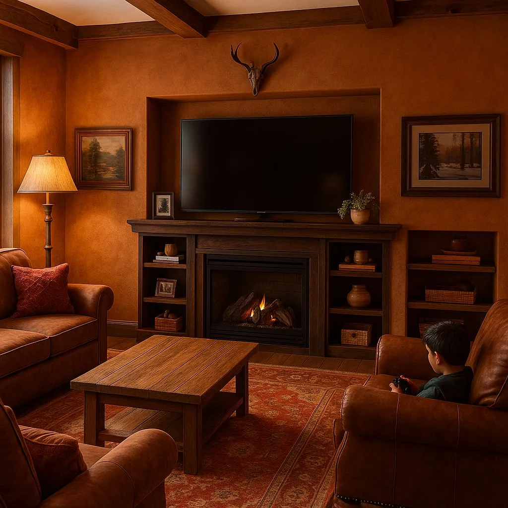 Rustic living room with terracotta walls, exposed wood beams, dark wood fireplace, leather club chairs, persian rug, floor lamp, photorealistic interior design photography, 8k