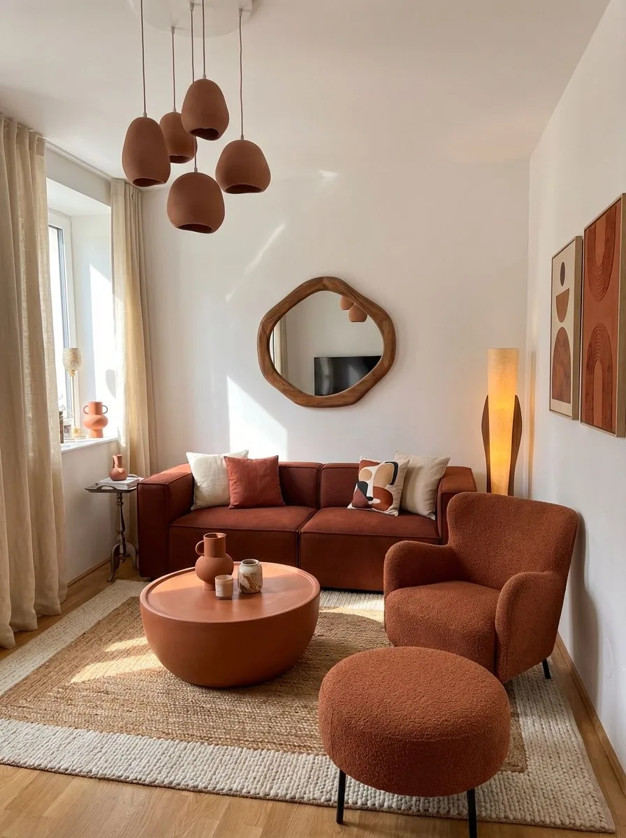 Modern terracotta living room with modular sofa, round coffee table, jute rug, sculptural wood mirror, ceramic pendant lighting, photorealistic interior design photography, 8k