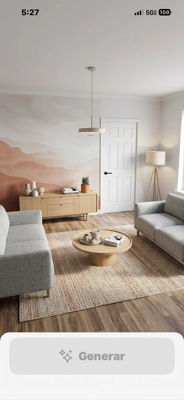 Modern Scandinavian living room with gray sofas, light wood floors, round coffee table, abstract mountain mural, tripod floor lamp, photorealistic interior design photography, 8k