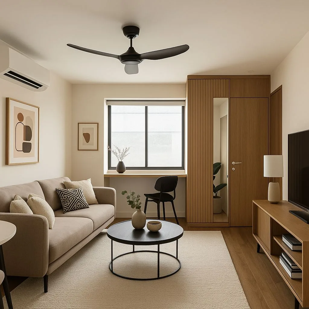 Minimalist living room with beige sofa, black metal coffee table, light wood paneling, cream rug, black ceiling fan, photorealistic interior design photography, 8k