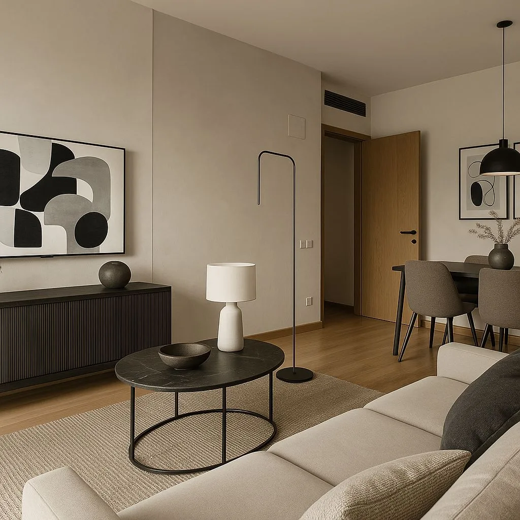 Modern minimalist living and dining room with light beige walls, light wood floors, black accent furniture, neutral sectional sofa, black pendant light, photorealistic interior design photography, 8k