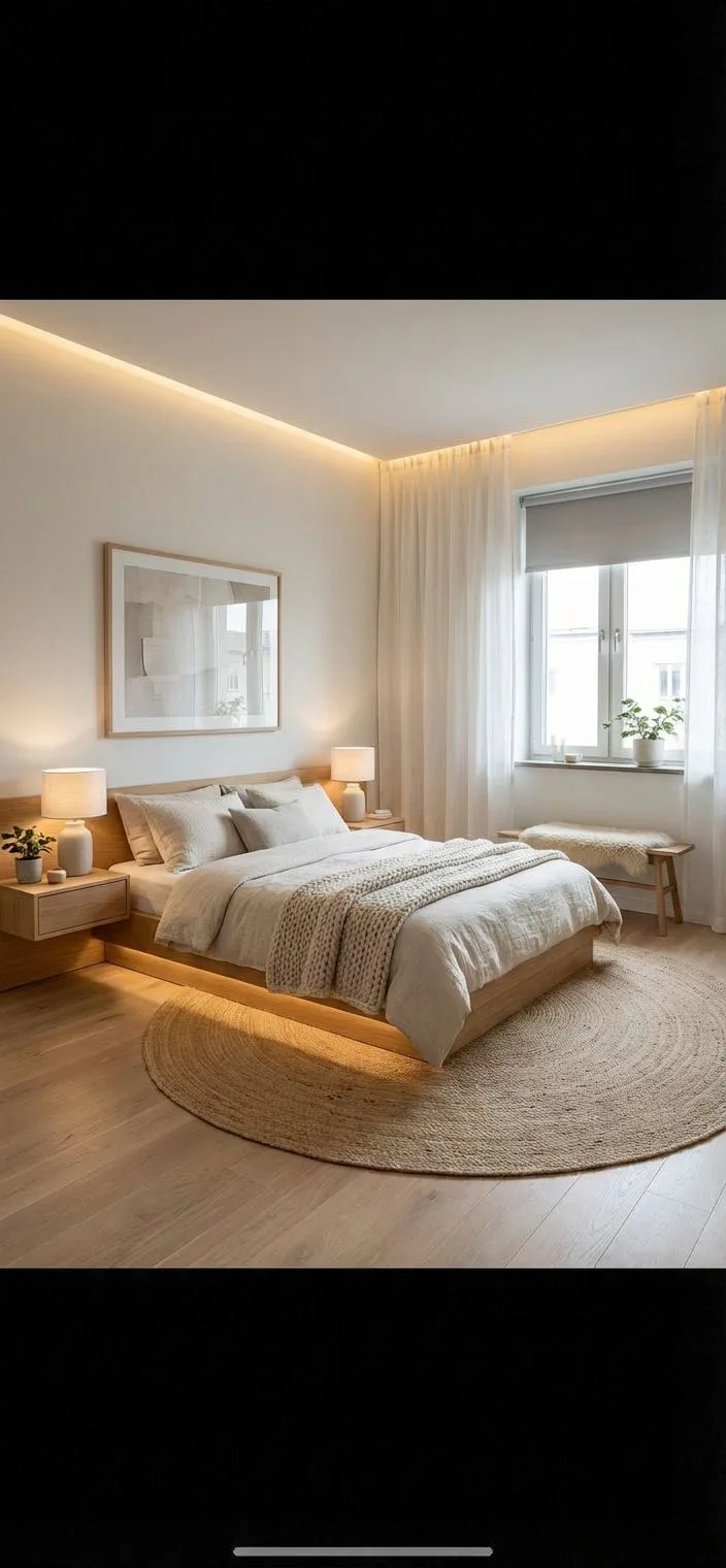Minimalist Scandinavian bedroom with platform bed, linen bedding, jute rug, ambient led lighting, sheer curtains, photorealistic interior design photography, 8k