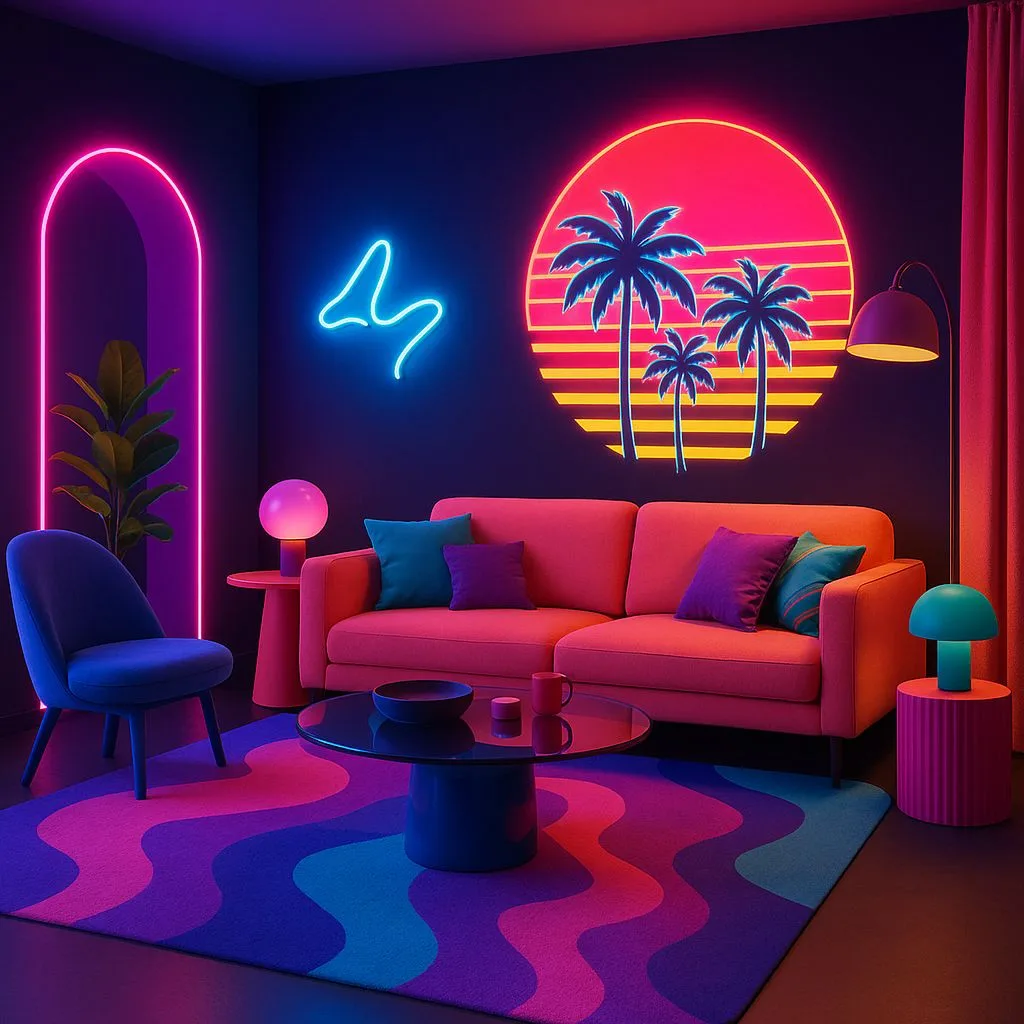 Vibrant retro living room with black walls, coral sofa, blue velvet chair, wavy rug, neon palm tree wall art, photorealistic interior design photography, 8k