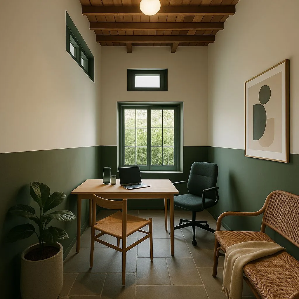 Scandinavian home office with dark green trim, light wood desk, woven bench, stone tile floor, globe pendant, photorealistic interior design photography, 8k