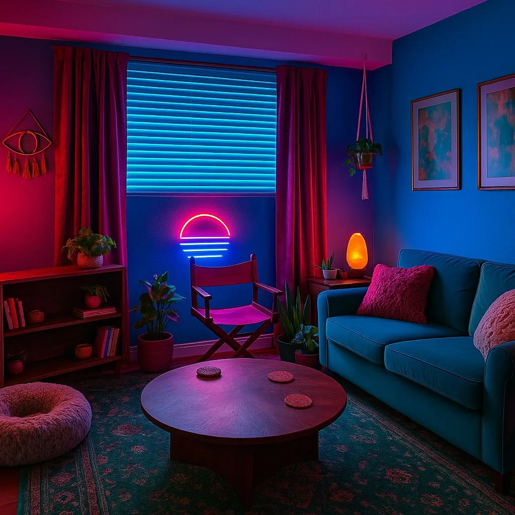 Eclectic living room with blue walls, green patterned rug, teal sofa, magenta curtains, neon sunset sign, photorealistic interior design photography, 8k