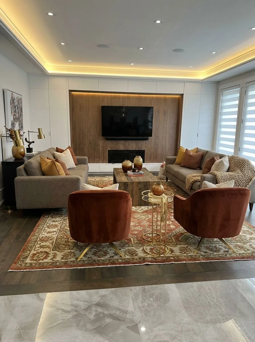 Transitional living room with warm gray sofas, rust velvet chairs, reclaimed wood coffee table, patterned rug, recessed lighting, wood paneled media wall, photorealistic interior design photography, 8k