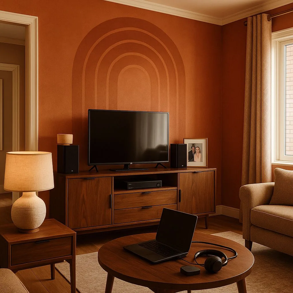 Mid-century modern living room with terracotta walls, walnut media console, round wood coffee table, beige linen sofa, textured table lamp, photorealistic interior design photography, 8k