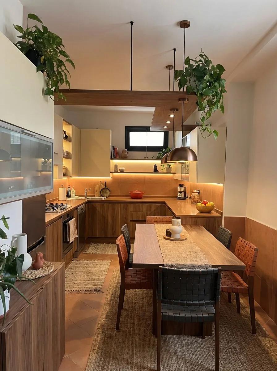 Modern eclectic kitchen with wood cabinets, terra cotta tile floors, woven leather chairs, indoor plants, brass pendant lights, photorealistic interior design photography, 8k