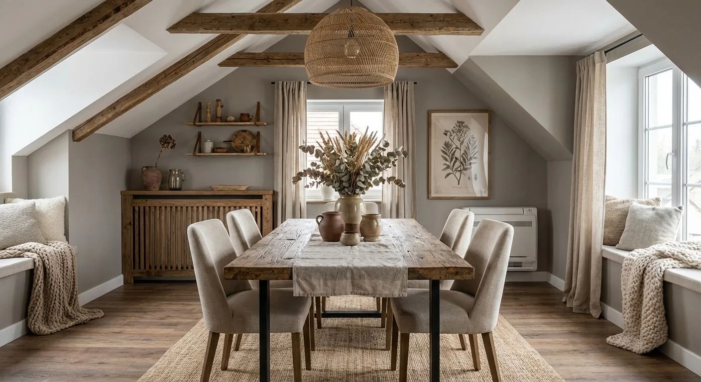 Rustic warm grey dining room with exposed wooden beams and wood plank floors, linen upholstered chairs, woven jute rug, rattan pendant light fixture, photorealistic interior design photography, 8k