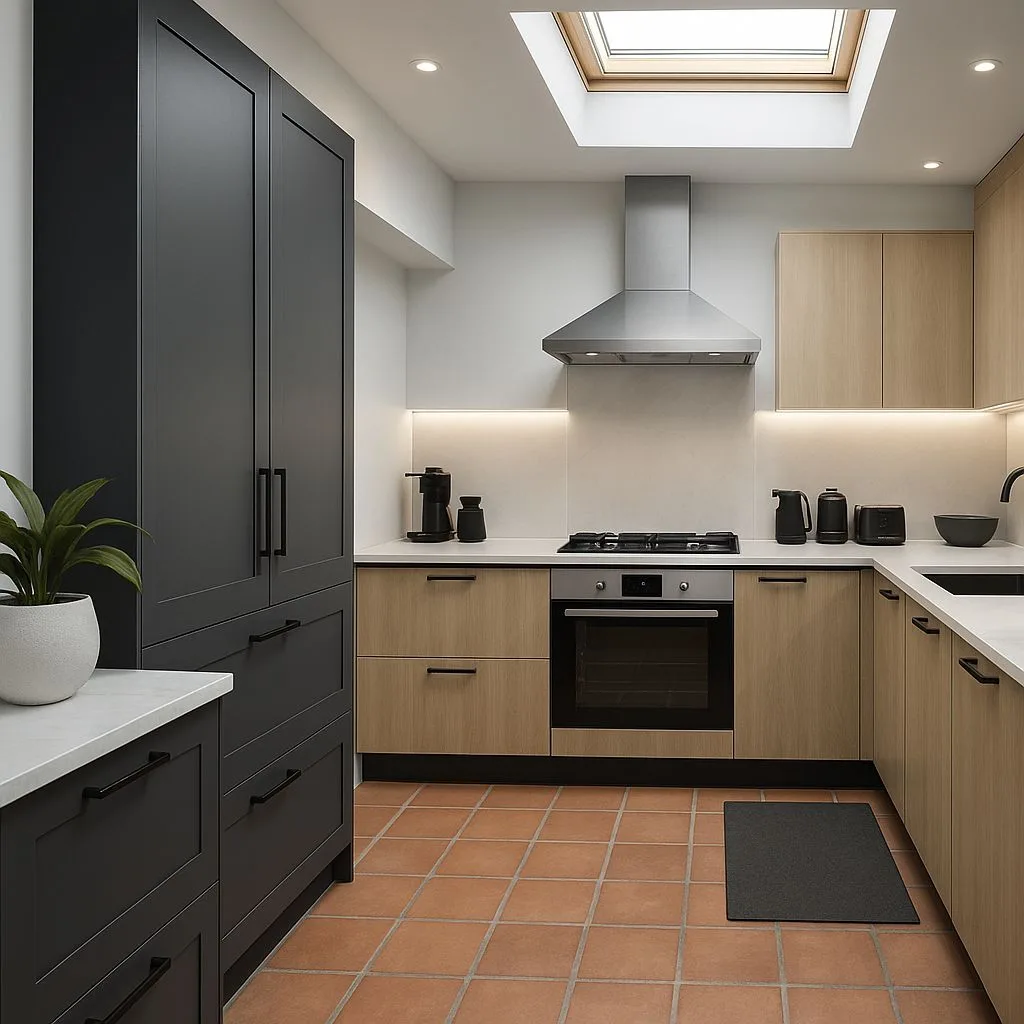 Modern kitchen with light wood and dark grey cabinets, white countertops, terracotta tile floor, stainless steel range hood, recessed lighting, photorealistic interior design photography, 8k