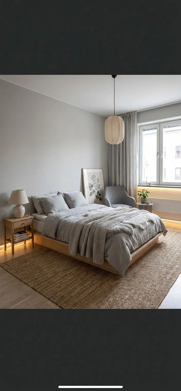 Minimalist Scandinavian bedroom with light grey walls, natural wood bedframe, linen duvet, jute rug, paper lantern pendant, photorealistic interior design photography, 8k