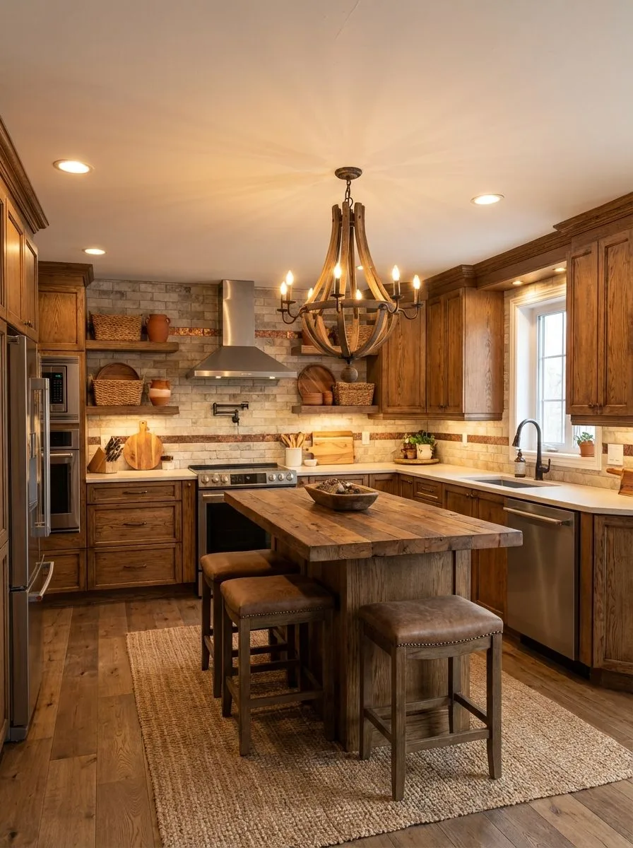 Rustic farmhouse kitchen with warm wood cabinetry, white countertops, brick backsplash, wood island, leather stools, wood chandelier, photorealistic interior design photography, 8k
