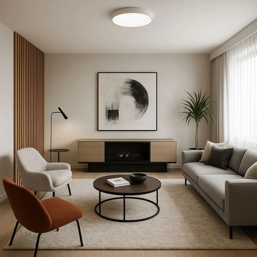 Modern neutral living room with light gray sofa, wood slat wall, round coffee table, abstract art, linear fireplace, photorealistic interior design photography, 8k
