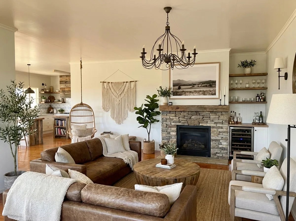 Farmhouse living room with brown leather sofa, stone fireplace, round wood coffee table, jute rug, wrought iron chandelier, photorealistic interior design photography, 8k